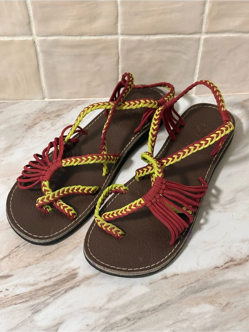 Island Toes Yellow and red braided sandals with yellow and red woven straps- 9